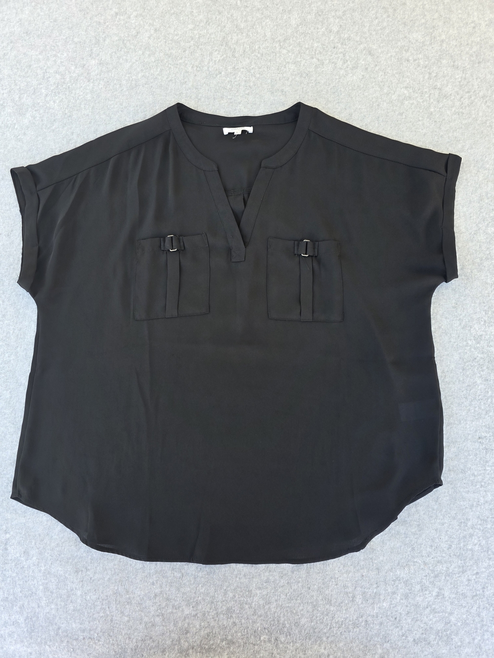 Maurices Black V-Neck Short Sleeve Blouse with Front Pockets